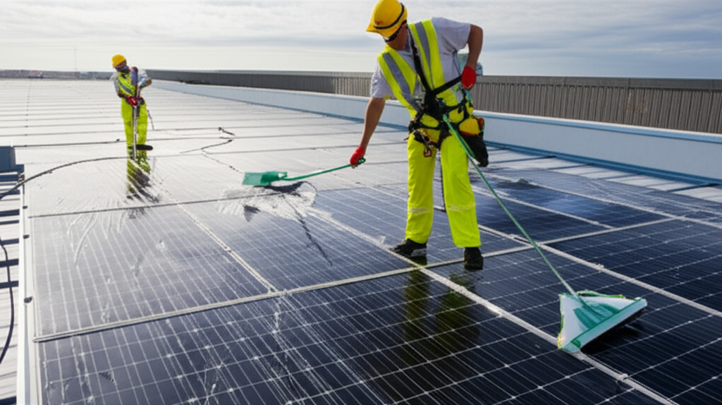 Commercial solar panel cleaning in progress