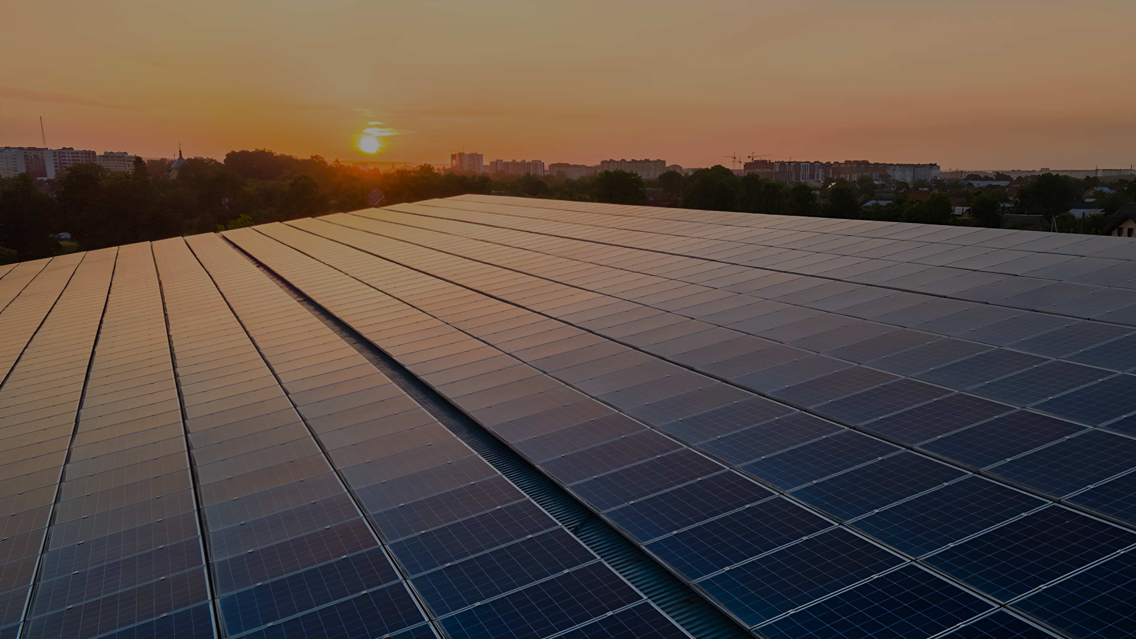 Solar panels at sunset with city skyline